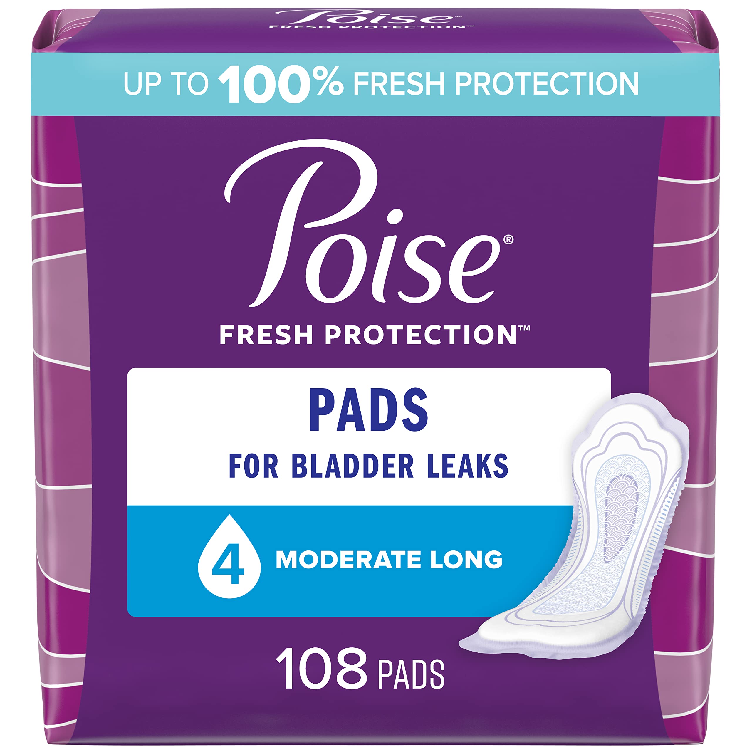 Poise Incontinence Pads & Postpartum Incontinence Pads, 4 Drop Moderate Absorbency, Long Length, 108 Count (2 Packs of 54), Packaging May Vary, Adults, White